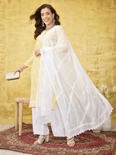 Ada Hand Embroidered Indian Chikankari White Chiffon Dupatta Stole for Women A5112163
