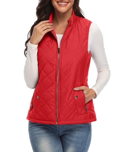 Xeoxarel Women's Quilted Vest with 4 Pockets, Puffer Padded Lightweight Zip Casual Outerwear Gilet Red Large