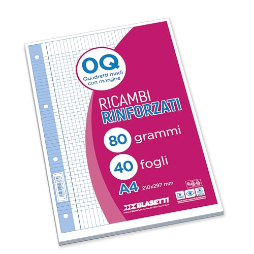 Blasetti Ricambi Rinforzati - Confezione da 40 fogli a quadretti formato A4, Rigatura 0Q, fogli di ricambio per raccoglitori e copertine ad anelli, fogli di carta ricaricabili da 80gr