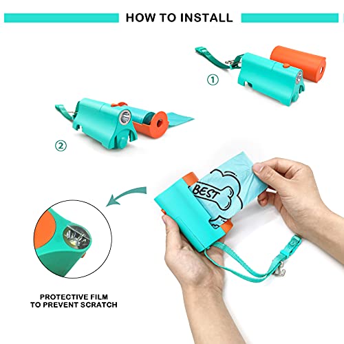 Image of Dog Poop Bags Holder Dispenser with LED Flashlight for Night Walks,Wrist Strap with 2-Hook Clip for Used Dog Waste Bags - Dual-Color Double Exits Design (Blue&Orange, 2 Holder 30 Bags)