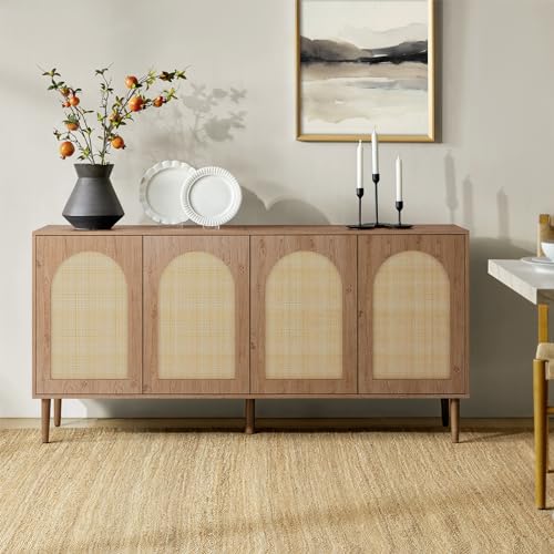 HULALA HOME 63" Wide Sideboard, Boho Sideboard Buffet Storage Cabinet with 4 Doors & 2 Adjustable Shelves, Kitchen Storage Buffet Cabinet Rattan Design, for Hallway, Entryway [Oak]