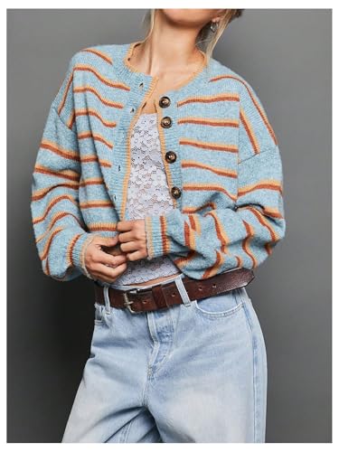 Image of BEAUDRM Women's Striped Button Down Crop Cardigans Long Sleeve Crew Neck Knitted Cardigan Sweaters Multicolor X-Large