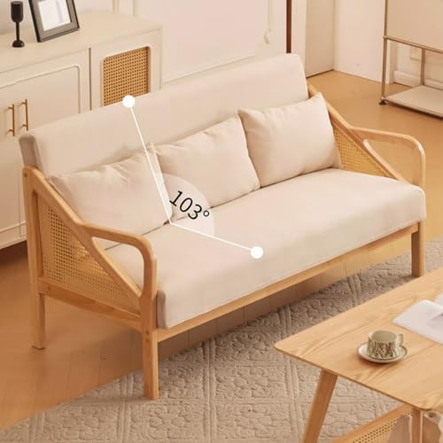 Cotton-Linen Blend Single/Double/Triple Bench Sofa with Rattan Arms - Stylish Living Room, Bedroom & Office Couch (59"x29.92"x32.68", A)