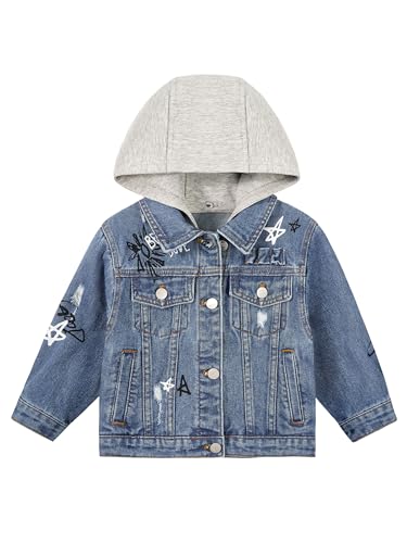 Image of Volunboy Toddler Hooded Denim Jackets Boys Spring Fall Ripped Jean Coat with Hood Long Sleeve Button Down Casual Outerwear