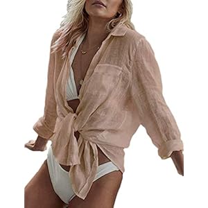 Bsubseach Women Long Sleeve Beach Shirt Blouses Turn Down Collar Bathing Suit Cover Ups