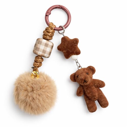 VEOWOO Bear Keychain – Fur Ball Keychains Bag Charms for Women with Brown Star Decoration, Cute Key Chains Gifts for Bears Lovers, Girls, Friends, Teenages, Sisters, Family