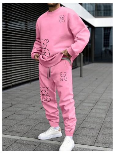 Men's 2 Piece Sweat Set Cartoon Bear Graphic Crewneck Sweatshirts Drawstring Jogger Sweatpants Outfits3