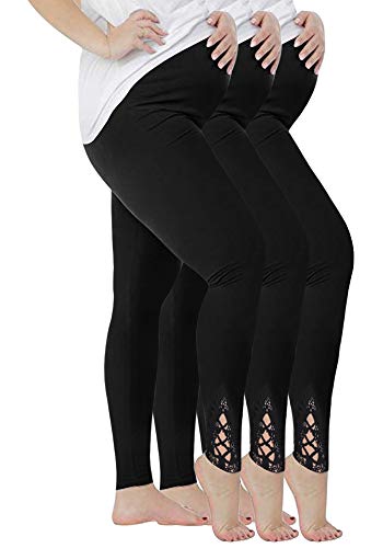 Preisvergleich Produktbild Vertvie Umstandsleggings Damen Schwangerschaft Hosen Weiche Stretch Umstandsmode Leggings mit Spitzenabschluß Hollow(3 schwarz, XL)