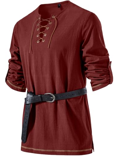Image of JEMITOP Men's Pure Cotton Vintage Lace Up Shirts for Pirate Renaissance Viking Medieval Costume Without Belt