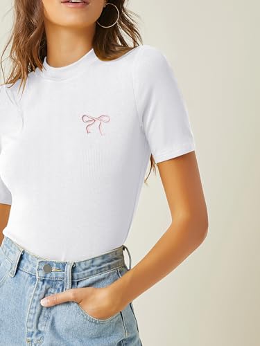 Verdusa Women's Business Casual Tops Mock Neck Short Sleeve Knit Basic Tees Work Ofiice Outfits
