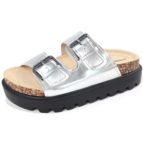 Image of Chunky Platform Sandals for Women, Waterproof Non-Slip Rubber Sole, Adjustable Double Buckle, Arch Support Open Toe Slide Sandals, Comfortable Black Wedge Sandals for Women