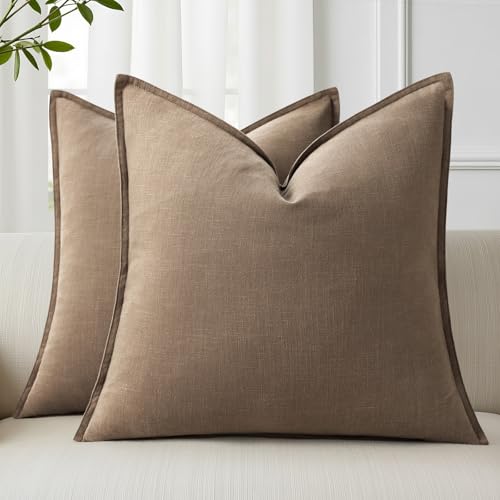 Image of decorUhome Summer Decorative Linen Throw Pillow Covers 16x16 Inch Set of 2 Light Brown Pillow Covers with Flange Edges Soft Farmhouse Boho Accent Pillow Cases for Couch Bed Living Room