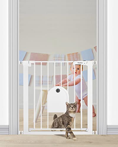 Newnice 26.7-29.5'' Narrow Baby Gate With Cat Door, Auto Close & Easy Walk Thru Dog Pet Gates For Stairs, Doorway, House, Pressure Mounted Safety Child Gate Includes 4 Wall Cups, No Extensions, White #TOP1