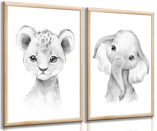 Image of 2 Pcs Baby Safari Wall Art Nursery Wall Decor Jungle Animals Posters Prints Lion Elephant pictures Paintings Cute Boy Girl and Toddler Artwork for living room bedroom home Decoration, 16x24in poster