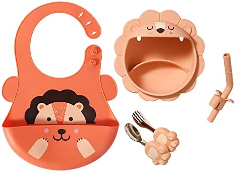 HECCEI Baby Feeding Set, Silicone Suction Bowls, Silicone Bibs, Non-Slip Silicone Feeding Straws, Spoon, Fork, Toddler Self Feeding Eating Utensils Dishes Set (Baby Feeding Set - Lion)