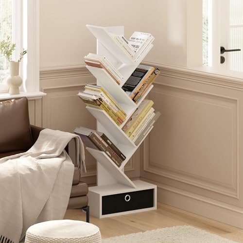 Image of Furinno Tree Book Shelf, 7-Tier Bookshelf, Tree Bookcase with Bin Drawer, 8.4 x 16.9 x 46.2, for Living Room, Bedroom, Home Office, White /Black