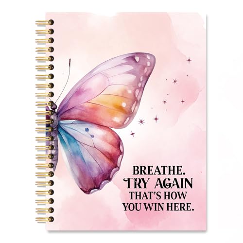 Vgrti Breathe Try Again That's How You Win Spiral Notebook, Pink Butterfly Notebook for Women, Therapy Mental Health Journal for Women, Inspirational Birthday Gifts for Women Friends Sisters Boss BFF