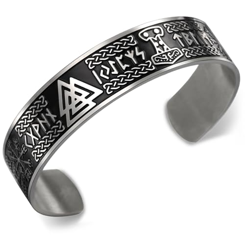 VASSAGO Bracelet Viking pour Hommes Femmes Nordique Runes Mjolnir Vegvisir Boussole Triskele Valknut Helm de Awe Noeud Celtique Triquetra Amulette Manchette...