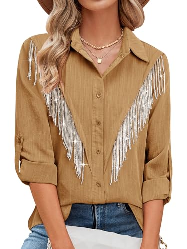 Image of MYMORE Womens Sparkly Fringe Shirt Western Cowgirl Country Concert Outfit
