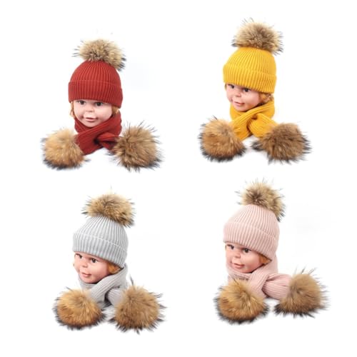 Didiseaon 2pcs Boys and Girls Hat and Scarf Set Raccoon Fur Beanie and Scarf Soft Warm Winter Hat for Boys and Girls Pink3
