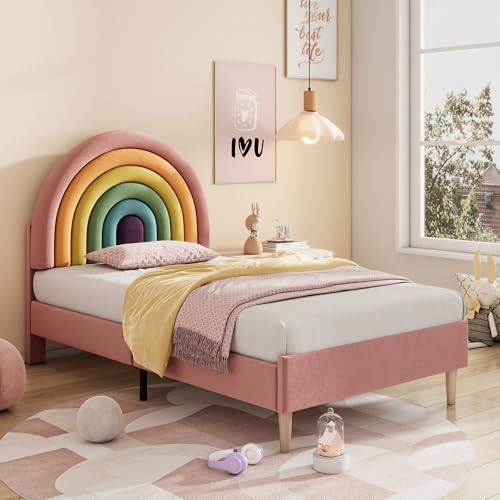 LULUWA Velvet Upholstered Bed with Height-adjustable Rainbow Headboard for Adults & Teenagers