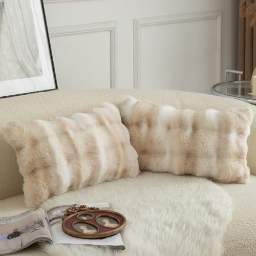 Image of MANDIOO Pack of 2 Thick Plush Wool Decorative Throw Pillow Covers Super Soft Wave Bubble Fur Velvet Cushion Covers Pillow Shams for Couch Bed Living Room 12x20 Inch White Beige