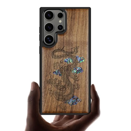 Coque Samsung S25 Ultra en bois de noyer et nacre véritable gravée d'un dragon chinois unique
