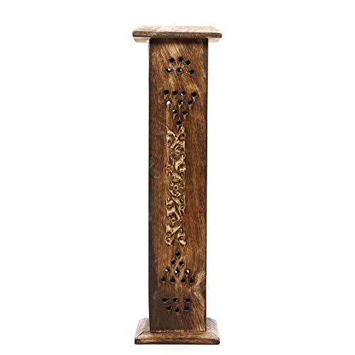 Hosley Hand-Carved Wooden Incense Stick Holder Tower – Tall Decorative Burner Box with Hinged Door for Aromatherapy, Meditation, Yoga, Home & Office Décor (Includes 20 Incense Sticks)