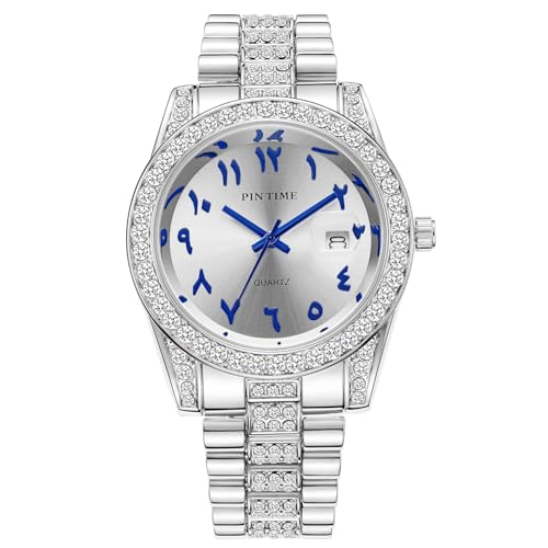PINTIME Montre de luxe en acier inoxydable pour homme – Montre à chiffres arabes avec lunette en diamant serti pour homme, cadran en quartz pour robe, Bleu argenté