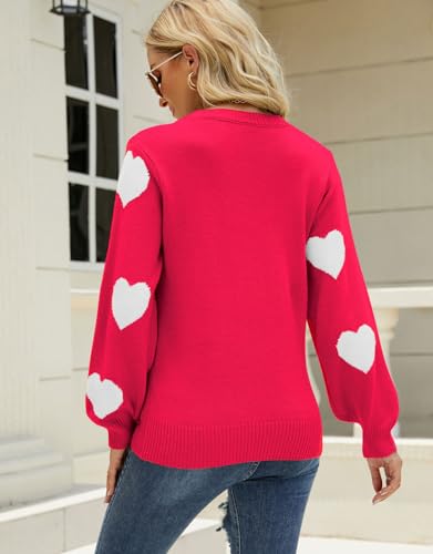 Image of Alsol Lamesa Women's Fall Pullover Sweaters Cute Hearts Long Sleeve Crewneck Casual Knitted Sweaters, X-Large, 238 Bright Pink