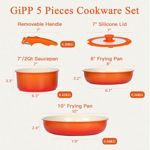 Image of GiPP 5PCS Pots and Pans Set Non Stick, Nonstick Cookware Set Detachable Handle, Ceramic Pots for Cooking Non Stick with Removable Handle, RV Cookware Set for All Stoves, Orange Gradien