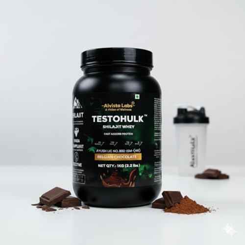 Image of Alvista Labs Testohulk Shilajit Whey Protein | 25g Protein | 250mg Shilajit | 5.5g BCAA | Belgian Chocolate | 1kg (2.2 lb) | Faster Absorption | Digezyme Blend | WADA Compliant