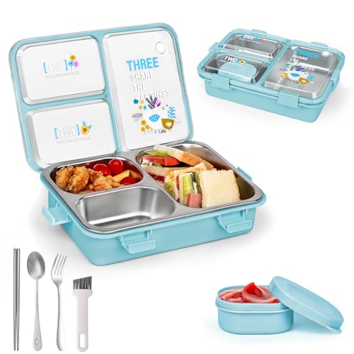 SAYAPE Lonchera de acero inoxidable para adultos, 30 onzas, 3 compartimentos, contenedor de sándwich para niños con taza de salsa de 2.4 onzas, recipientes de almacenamiento de alimentos con