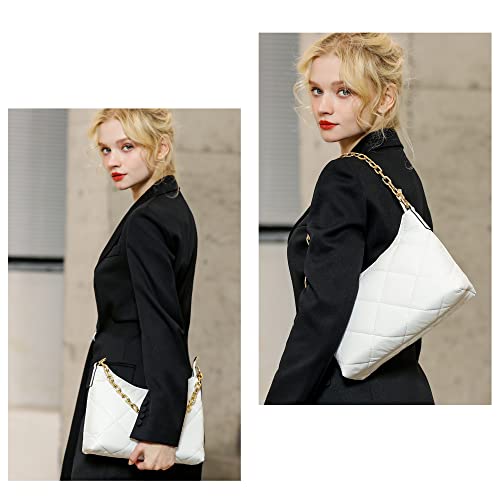 Herald Quilted Puffer Hobo Crossbody Bag For Women, Lightweight Shoulder Side Handbag With Chain Strap & Coin Purse Pouch (White) #TOP2