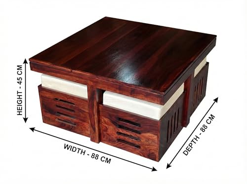 Image of Soild Sheesham Wood Centre Coffee Table with 4 Stools for Living Room Hall Bedroom Office|Wooden Center Coffee Table for Outdoor Garden Home | (Mahogany Finish)
