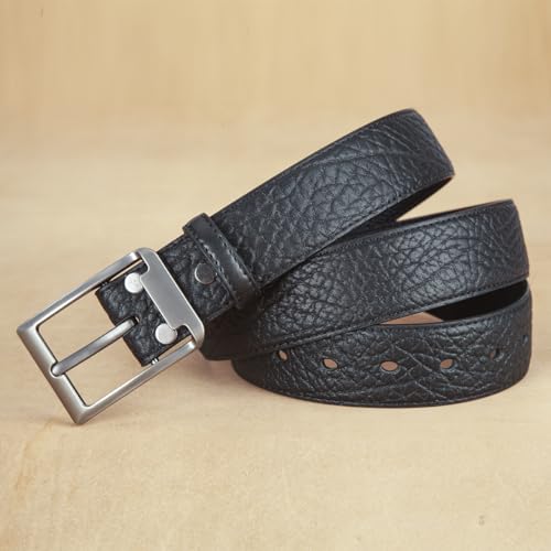 Men's Textured Leather Belt with Silver Buckle, Black, Genuine Leather3