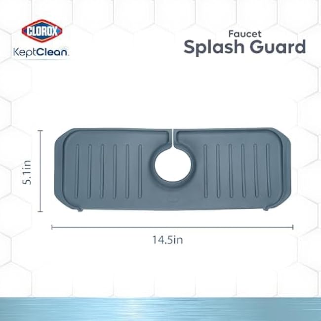 Clorox KeptClean Kitchen Faucet Splash Guard ¨C Easy-to-Install, Water-Resistant Protection for Faucets and Sink Area, Self-Draining Channels Direct Water Into Sink ¨C Steel Blue