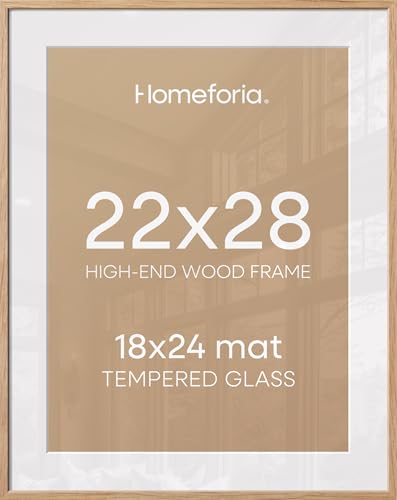 Image of Homeforia Wooden Poster Frame 22x28, High End Natural Oak 22 x 28 Picture Frame with Mat 18 by 24, 22x28 Light Wood Frame Matted to 18x24 Photo, 28by22 Large Frames, Tempered Glass, Wall Kit, Set of 1