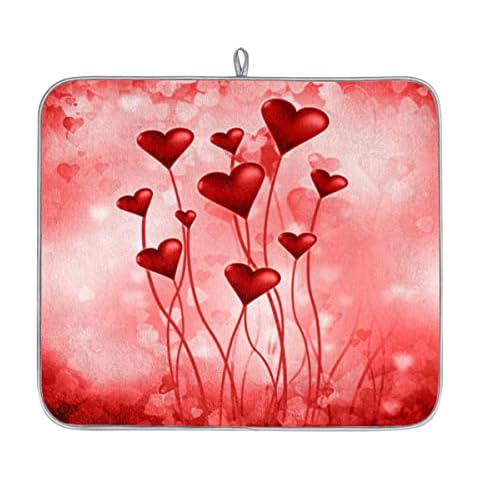 Valentine's Day Red Heart Dish Drying Mats for Kitchen Counter, Drying Mat Absorbent Reversible Dish Drainer Mats Washable Dish Draining Mat Drainer Pad for Sink 16x18 inch Cover