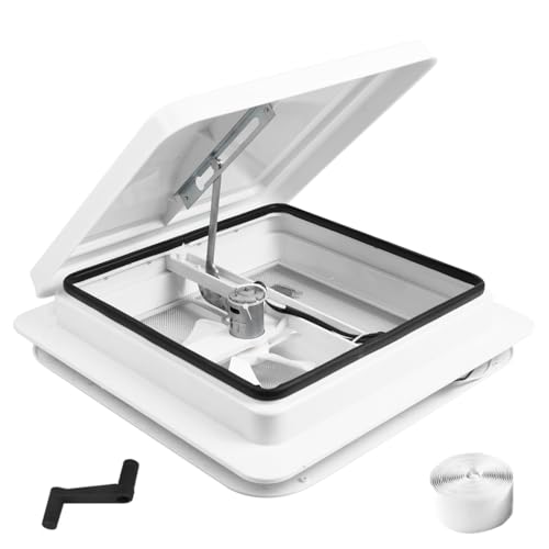 Caravan Roof Vent with Fan Reversible 12V Fan RV Shower Hatch 355X355mm Flyscreen Motor Home (white)
