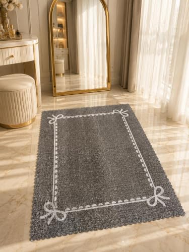 Image of RD TREND Carpet for Hall Digital Printed Carpet for Living Room 52x84 inch | Anti Slip Backing Rug for Bedroom Floor & Home Decor | Dark Grey Bow