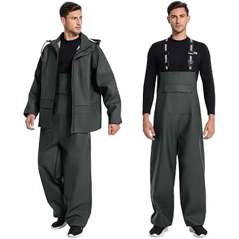NAVIS MARINE Waterproof Commercial Fishing Suit-Professional Grade Heavy Duty Jacket with Bibs Pants for Foul Weather Durability(Dark Green,X-Large) Cover