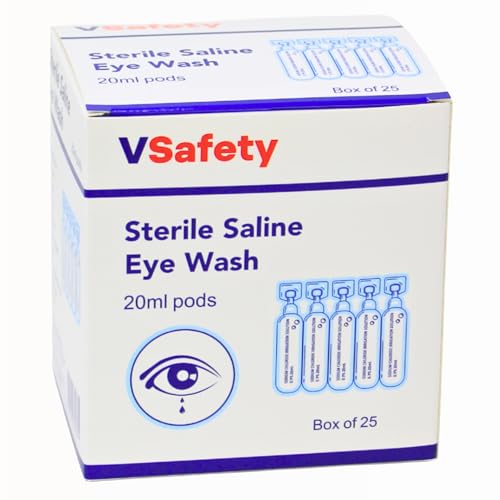 V Safety 25 x Sterile Saline Eye Wash Pods 20ml - 0.9% Sodium Chloride Eyewash Solution - Single Use Eye Pods for First Aid and Emergency Rinse - Irrigation Minor Irritation Portable First Aid Kit Use