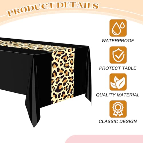 Image of Buryeah 3 Pcs Leopard Print Tablecloth 54 x 108'' Leopard Plastic Table Cover Disposable Safari Animal Cheetah Print Party Decorations for Baby Shower Wedding Birthday Party Favors (Black)
