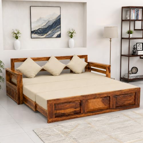 Image of SONA ART & CRAFTS Regal Sheesham Wood 3 Seater Sofa Cum Bed | Wooden 3 Seater Sofa for Living Room Wooden Furniture Sofa Bed for Home (Natural Finish)