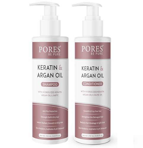 Image of PORES BE PURE Keratin & Argan Oil Shampoo and Conditioner Combo | Nourishes Hair & Repairs Dry, Damaged Hair | For Men & Women | Salon‑Like Hair: Straight, Shiny & Smooth | Paraben & Sulfate Free - ( 250 ml X 2 )