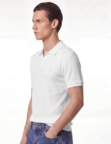 Image of DAMENSCH Men Striped Texture, Cotton-Rich Comfort, Easy Regular fit, Solid Colours Striped Polos