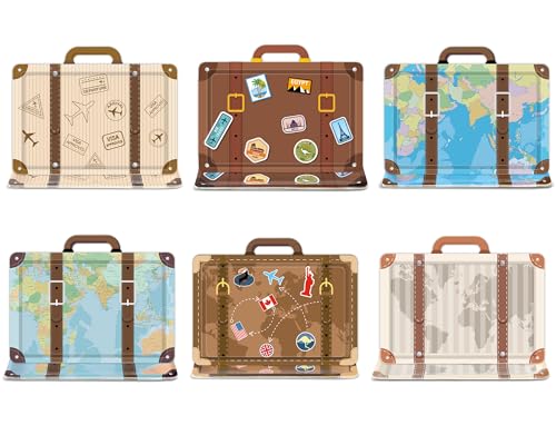 48Pcs Travel Themed Birthday Party Plates Around the World Party Decorations Vintage Travel Suitcase Paper Plates 6 Styles Mini World Map Dessert Dinnerware for Baby Shower Party Supplies Favors