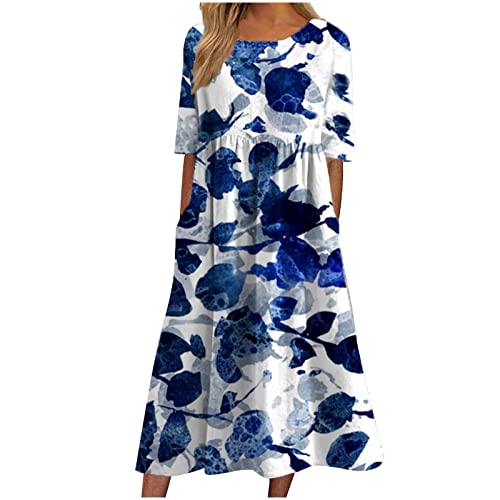 Women's Short Sleeve Maxi Summer Dresses Round Neck Pullover Dress Elegant Floral Printed Long Dress with Pocket Loose Flowy Hem Boho Dress Beach Daily Wear Blue