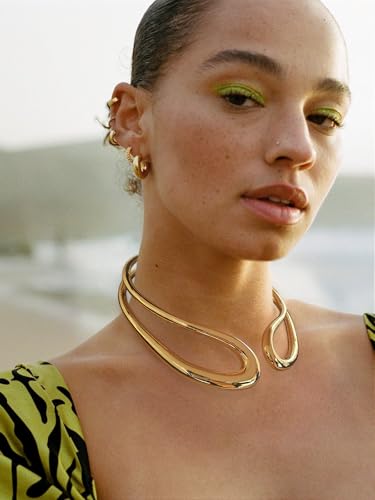 WOWORAMA Chunky Choker Collar Necklace for Women Gold Silver Teardrop Choker Necklace Spring Open Cuff Necklace Metal Statement Necklace3